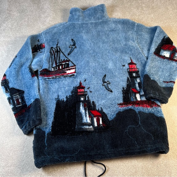 Vintage Coastal Cardigan Sweater Jacket Fleece Zip Up Lighthouse Made in USA Med - Picture 12 of 12